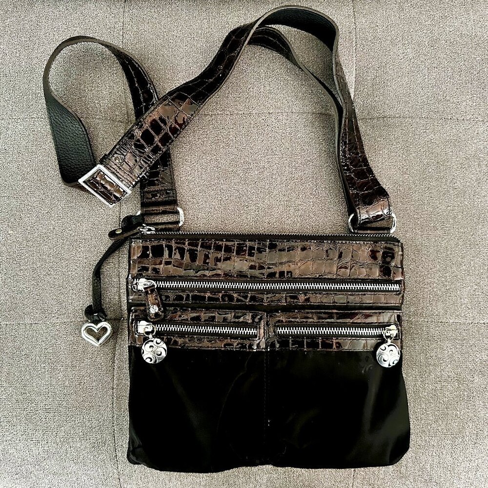 Brighton Vintage Leather Two Tone Crocodile Crossbody Bag Purse w/ Iconic Heart
